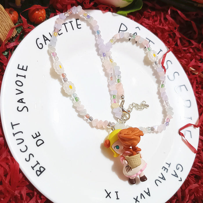 Wholesale Crystal Beaded Cute Bubble Mart Cute Ballet Croissant Doll Short Necklace Necklace for Women