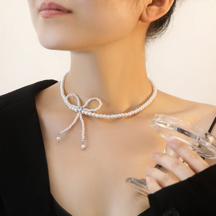 Wholesale Imitation Pearl Tassel Necklace, Diamond Bow Super Fairy Clavicle Chain