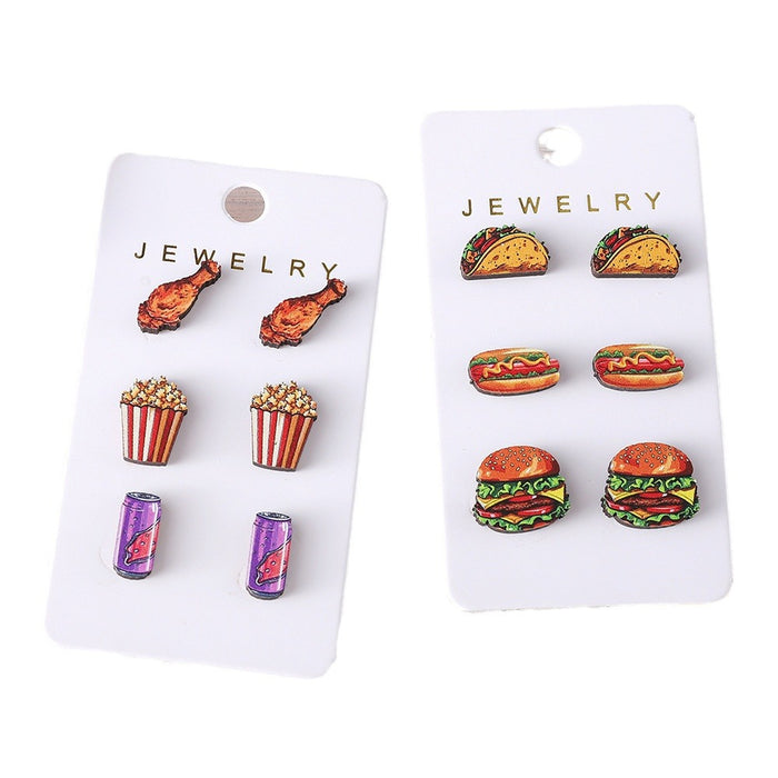 Wholesale Hamburger,  hot dog,  chicken drumstick,  popcorn,  cola food earring set wooden food earrings