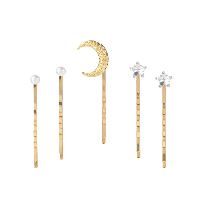 Wholesale Fashion jewelry set with diamond studded stars, alloy moon headpiece, pearl hair clip set