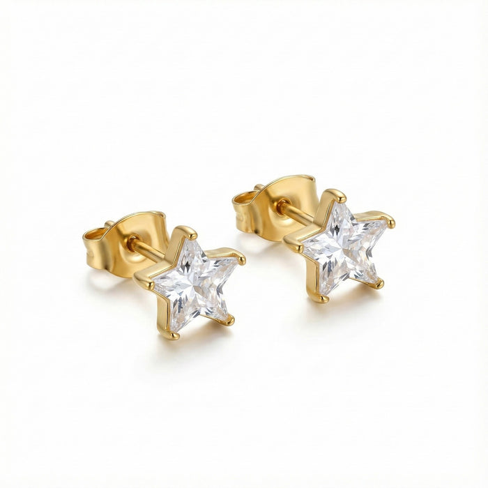 Wholesale Titanium steel Star Zircon Stud Earrings — Gold-Tone Five-Pointed Star Earrings with Diamond Accents