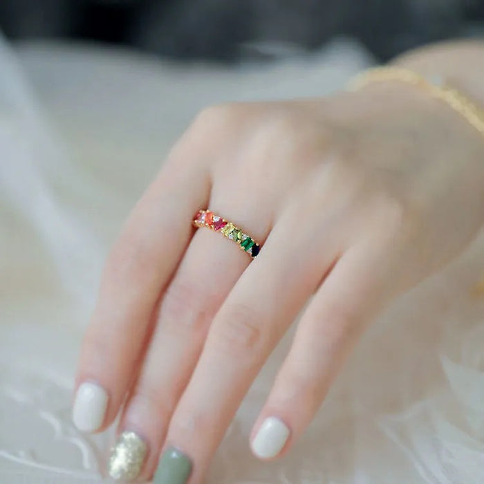 Wholesale Zircon personalized micro inlaid ring, light luxury inlaid fashionable rainbow ring