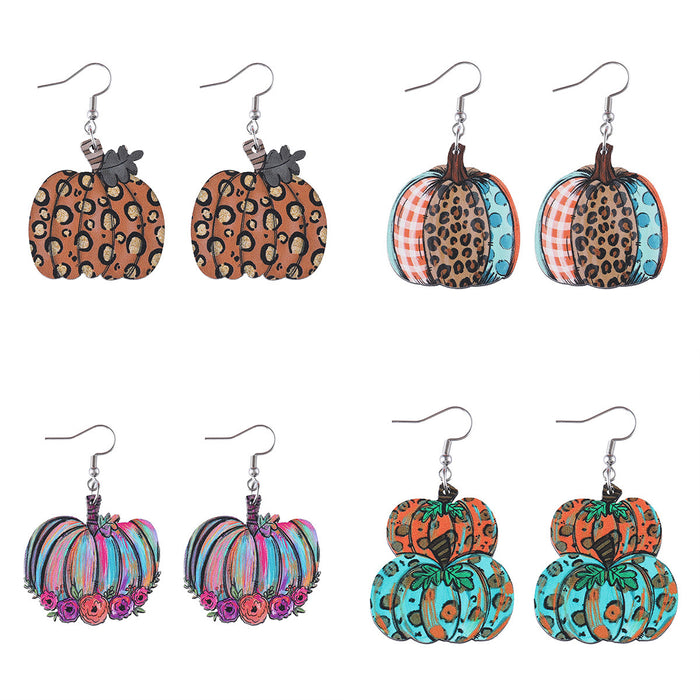 Wholesale Thanksgiving Autumn Harvest Leopard Print Pumpkin Pendant Earrings Wooden Double-Sided Earrings