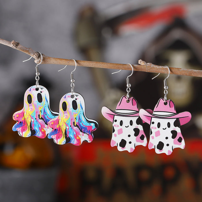 Wholesale  cute western cowboy hat painted ghost pendant earrings wooden double-sided earrings