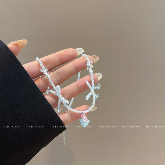 Wholesale Blue Beads Beaded Bow Necklace Fashionable Sweet Clavicle Chain