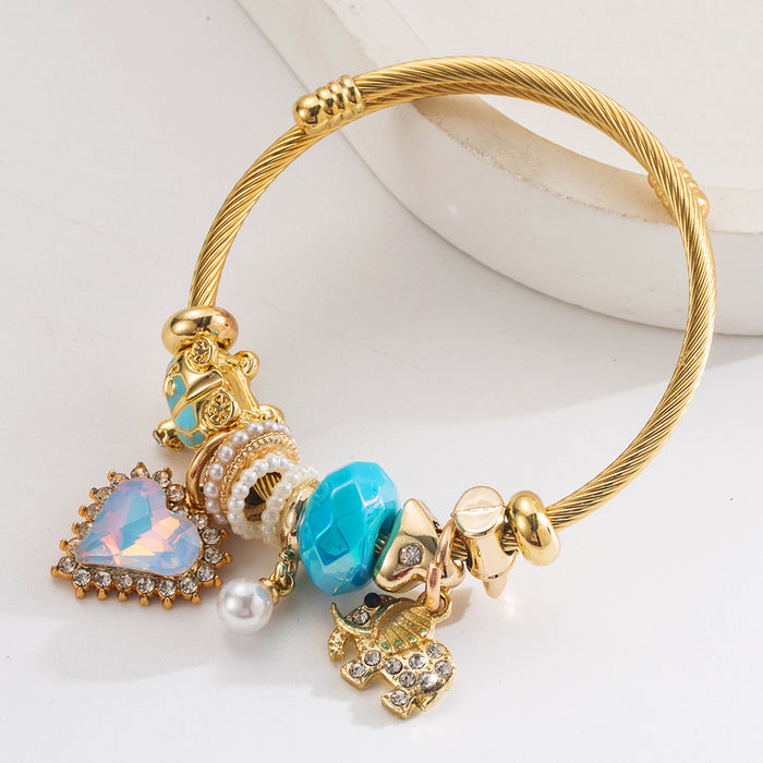 Wholesale Trendy Elephant Heart Pendant Bracelet Pink Alloy Diamond Set Adjustable Jewelry Accessory