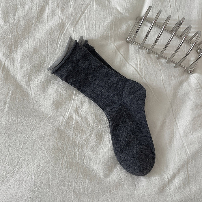 Wholesale Color blocking double-layer ribbed rolled edge boneless midsole socks with versatile vertical stripes for slimming and stacking socks