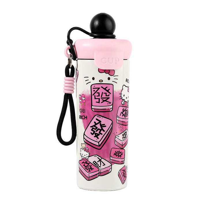 Wholesale 316 Stainless Steel Cute Cat Design Insulated Straw Water Bottle For Students With Carrying Strap