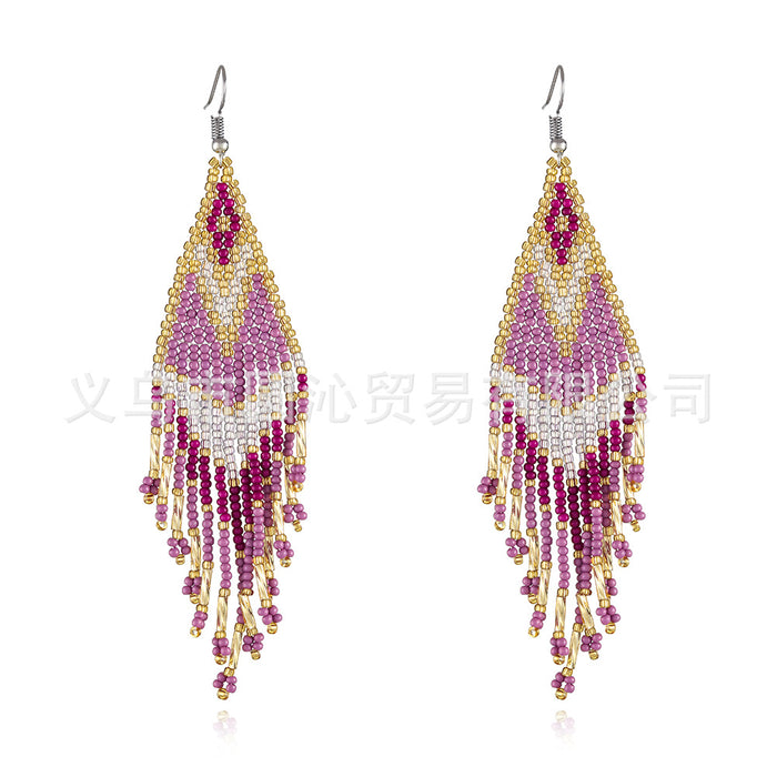 Wholesale color Bohemian rice bead earrings women' s minority ethnic hand-woven long tassel earrings
