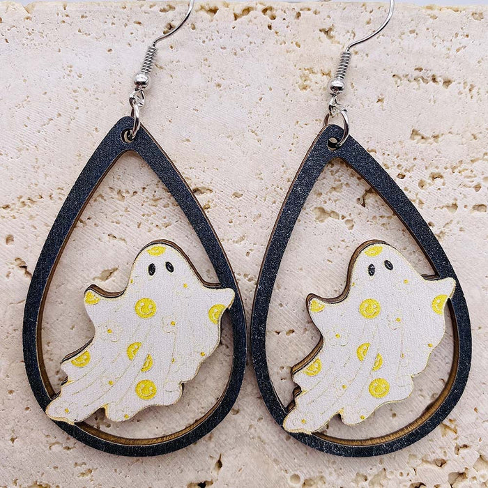 Wholesale Wooden earrings with ghost pumpkin print pendant earrings,  new  wooden earrings