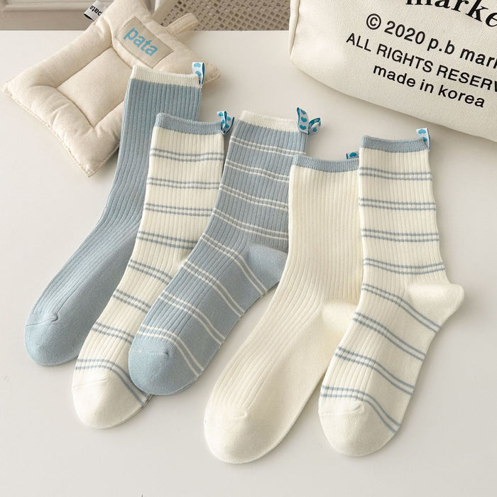 Wholesale Striped mid tube socks with heart-shaped fabric label, double needle long tube stacked socks