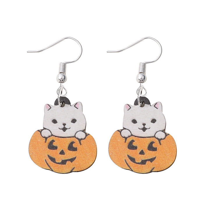 Wholesale  Cute Cat  Pumpkin Funny Pendant Earrings Wooden Gothic Style Double-sided Earrings