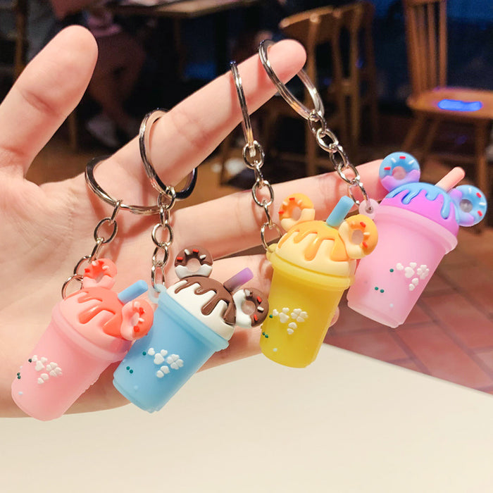 Wholesale Sweet Donut Milk Tea Small Gift PVC Soft Rubber Cute Milk Tea Cup Keychain Car Pendant Bag Hanging Decoration