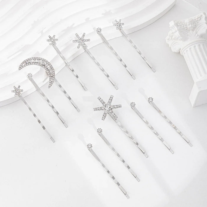 Wholesale Jewelry Fashion Alloy One Word Clip Moon Set Diamond Headpiece, niche Snowflake Stacked Hair Clip Set