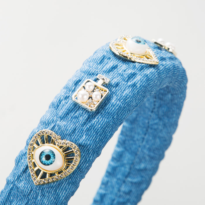 Wholesale Retro denim fabric alloy heart-shaped pearl-encrusted evil eye headband