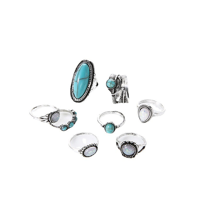 Wholesale Ethnic Style Retro Turquoise Carved Feather Ring Fashionable and Personalized 8-Piece Combination Ring Set