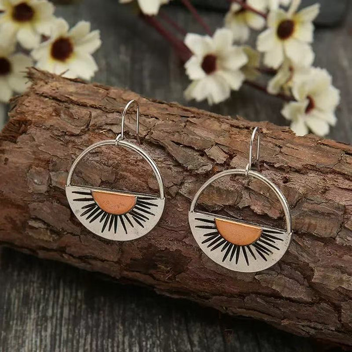 Wholesale Retro geometric semicircle sun pendant earrings women' s fashion personality western style two-color earrings