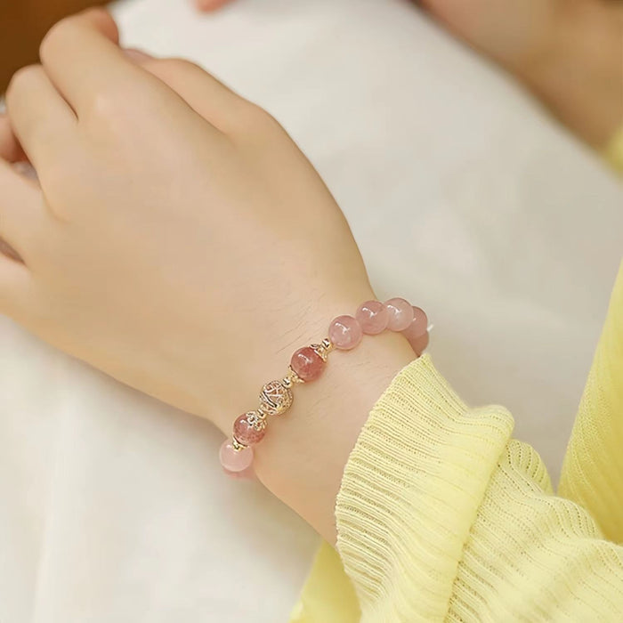 Wholesale Natural pink crystal bracelet, women's peach blossom jewelry, niche and minimalist design, hollowed out embroidered ball bracelet