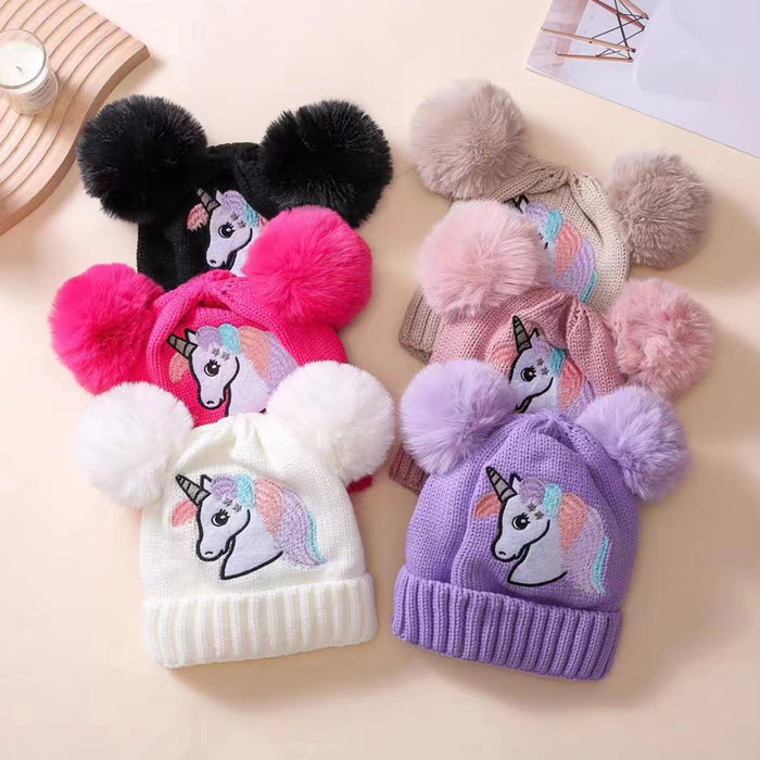 Wholesale Children' s Knit Hat for Autumn and Winter  Embroidered Unicorn and Double Pom-Poms Warm Winter Hat