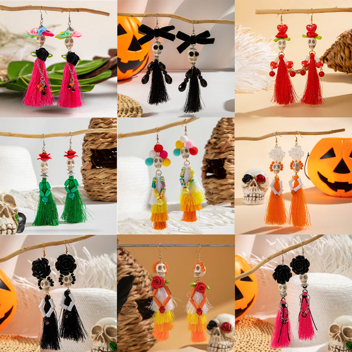Wholesale  funny fun skull tassel rice beads earrings creative personality rose earrings