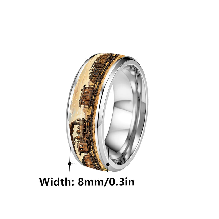 Wholesale 304 Stainless Steel Men' s Vintage Western Train Ring Silver Electroplated Jewelry Accessory