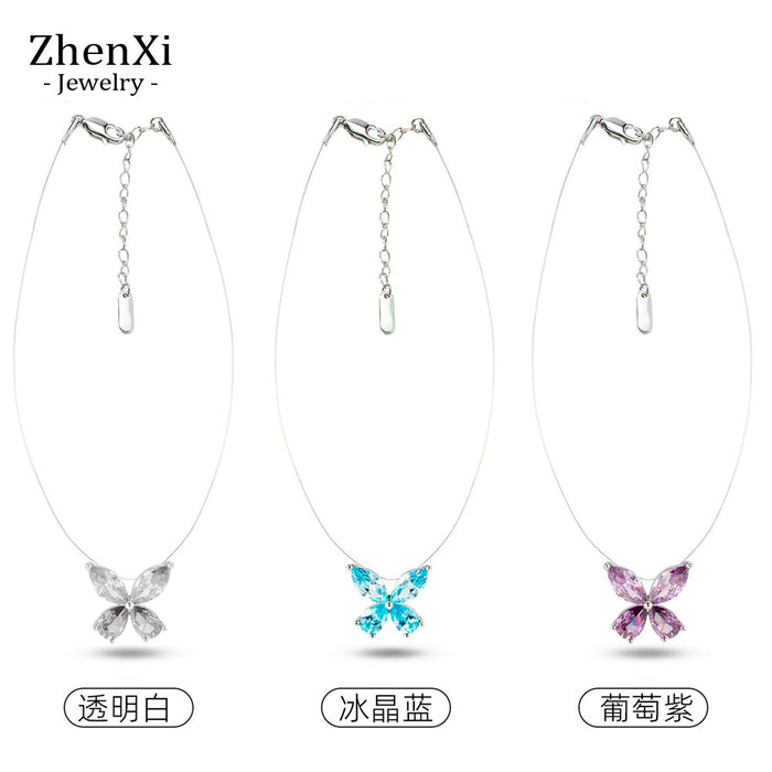 Wholesale Zircon Butterfly Necklace Ice Crystal Blue Copper Fishing Line Chain