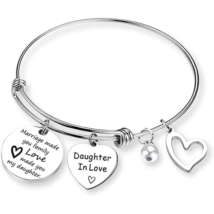Wholesale Circular hanging tag bracelet, stainless steel heart engraved lettering pendant, round adjustable steel pearl pendant bracelet
