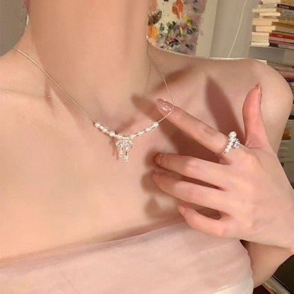 Wholesale Lace Bow Pearl Necklace Chic Women' s Collarbone Chain Jewelry