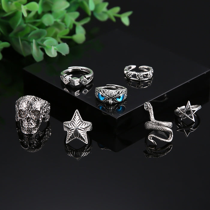Wholesale  snake skull owl animal ring combination 7-piece