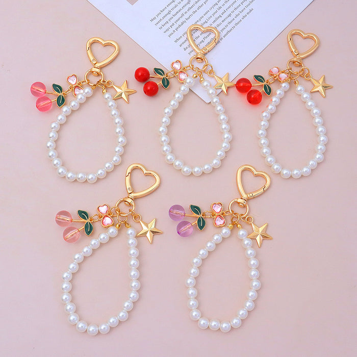 Wholesale Advanced Water Diamond Bow Cherry Keychain Pearl Chain Bag Pendant Car Hanging Accessories Versatile Accessories