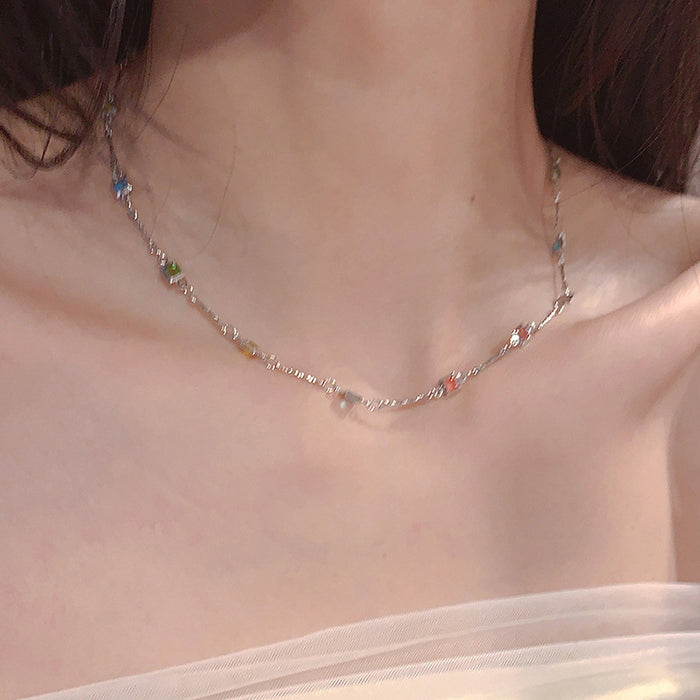 Wholesale Simple and versatile dopamine colored zircon necklace, fashionable and personalized collarbone chain, exquisite and high-end neck chain