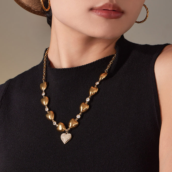 Wholesale Zircon hollow heart full diamond stainless steel clavicle chain