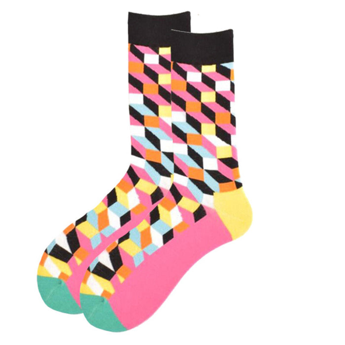 Wholesale Trendy Striped Diamond Personality Geometric Men's Socks Long Tube Colored Cotton Socks Contrast Color Haapy Socks JDC-SK-CG009