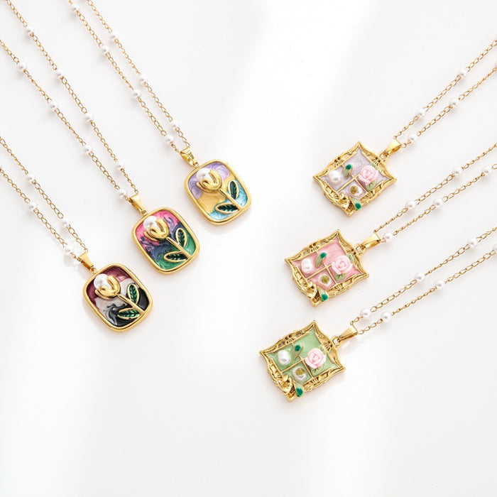 Wholesale Vintage oil painting style necklace for women, versatile and high-end, drip oil flower pendant, collarbone chain accessory