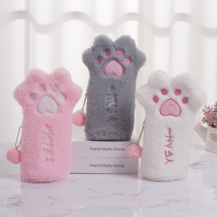 Wholesale Cartoon Cute Plush Pencil Case Cat Paw Large Capacity