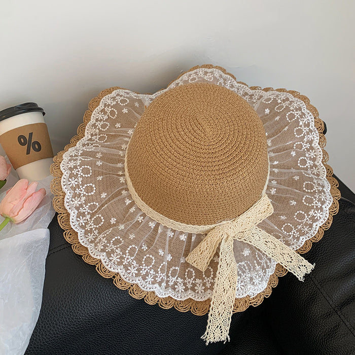 Wholesale Lace straw hat with large brim, outdoor UV resistant straw woven sun hat