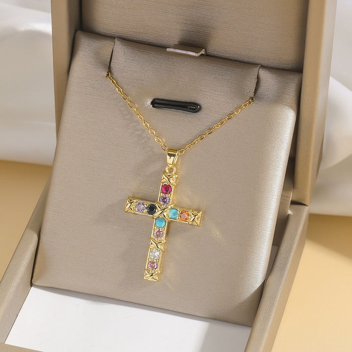 Wholesale Fashion colored zircon cross necklace, niche design accessory, collarbone chain