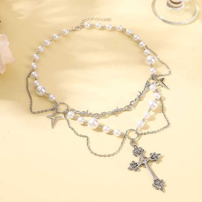 Wholesale Niche high-end design double-layer high gloss pearl cross necklace versatile