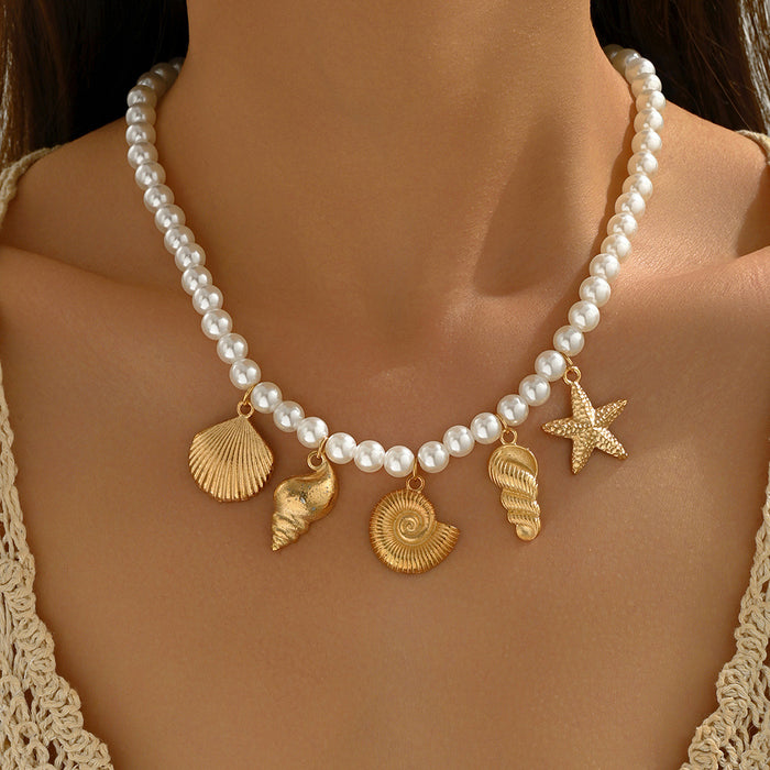 Wholesale Alloy Shell Starfish Conch Pendant Necklace Accessible Pearl Jewelry Necklace
