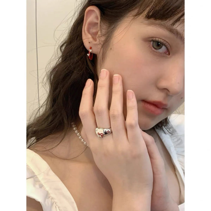 Wholesale Gentle temperament, cute red style, girlish vibe, bow, love, original design, ring