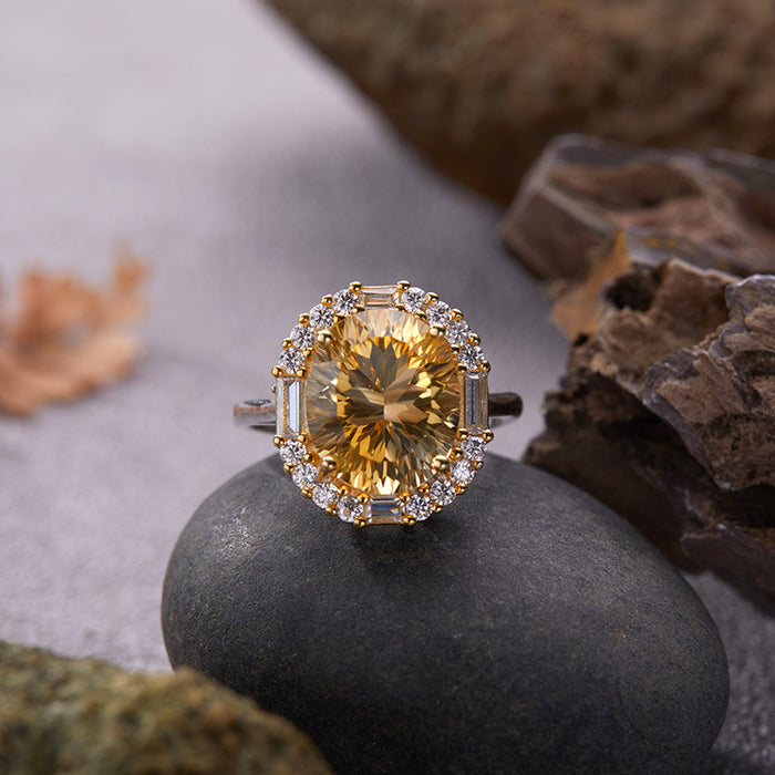 Wholesale Pure silver natural yellow amethyst color treasure ring, high-end jewelry, niche large carat index finger ring