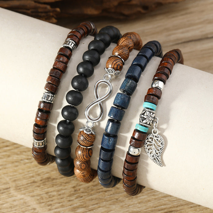 Wholesale Set of 5 leaf and wood bead bracelets