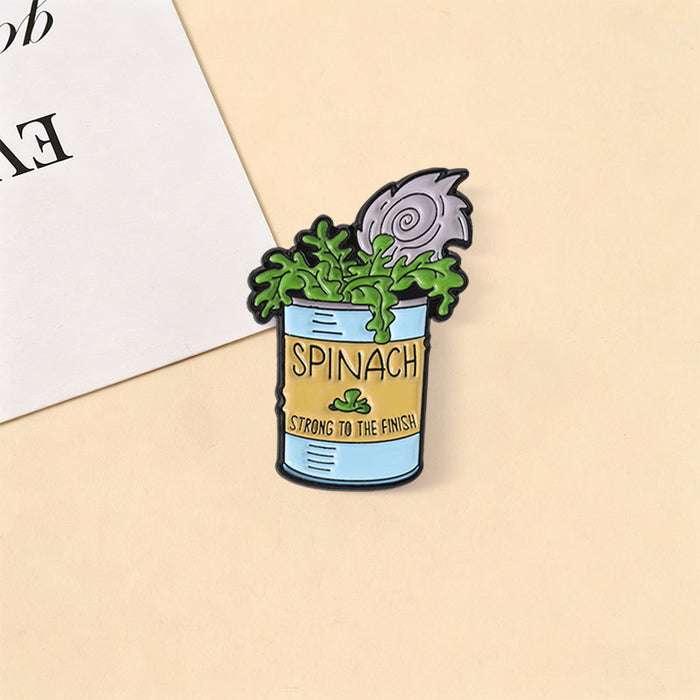 Wholesale Vintage Spinach Can Brooch Pin Zinc Alloy Enamel Badge Fun English Text Fashion Accessory