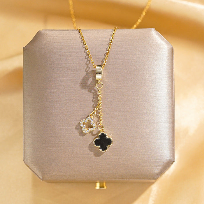 Wholesale Diamond Gold-plated Tassel Four-leaf Clover Pendant Titanium Steel Necklace JDC-NE-QingYan005