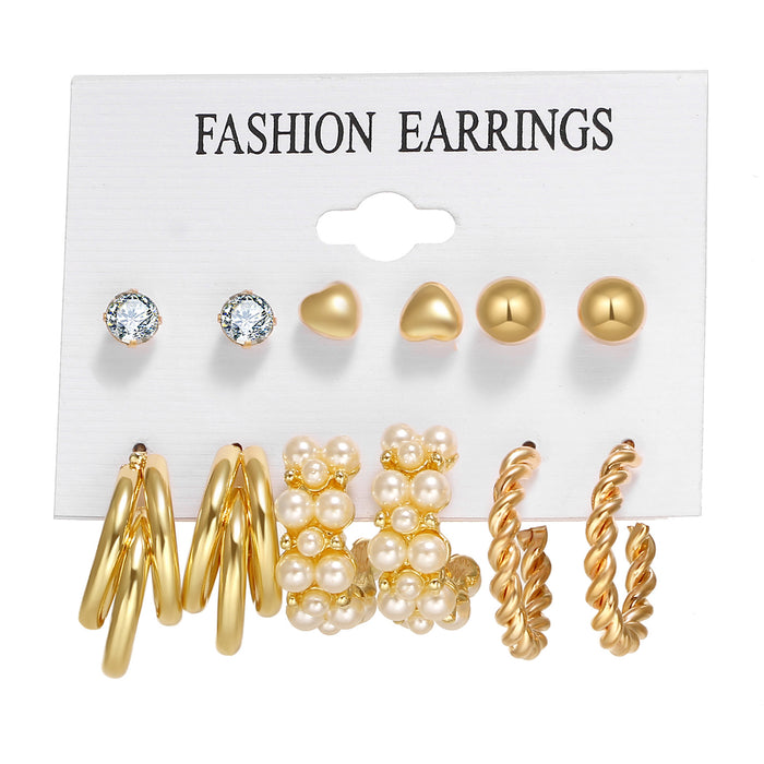 Wholesale 6-piece geometric pearl and diamond statement earring set