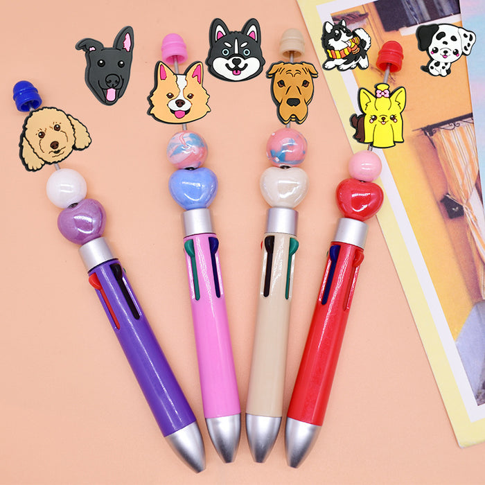 Wholesale Cute Pet Dog Beaded Pvc Soft Rubber Beaded Pen DIY Accessories Material Cartoon Beads Ballpoint Pen with Bead Decoration