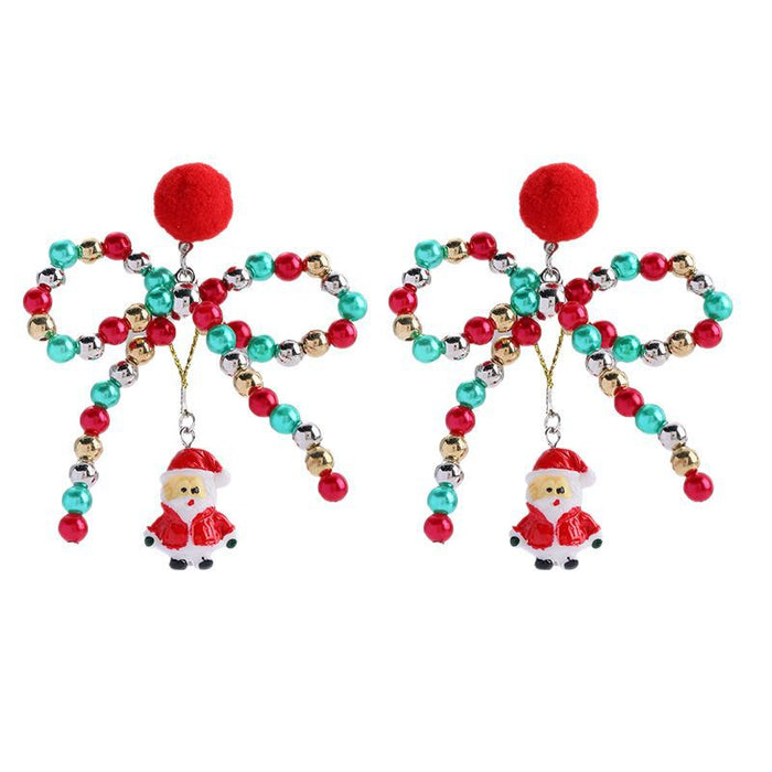 Wholesale Color Beaded Bow Hair Ball Earrings Creative Santa Pendant Christmas Earrings