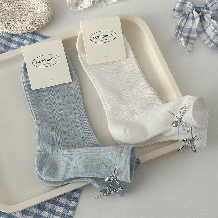 Wholesale Love Silver Wire Bow Middle Socks Breathable Hollow Short Socks