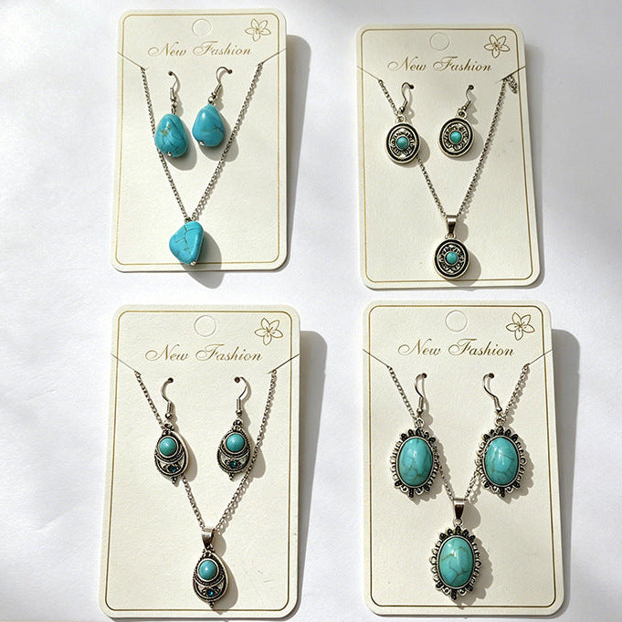 Wholesale 3pcs Vintage Turquoise Ethnic-Style Bohemian Earrings & Necklace Set