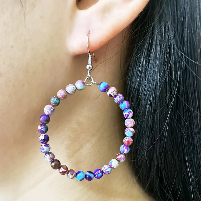 Wholesale Retro fashion hollow round bead earrings with colorful emperor stone beads